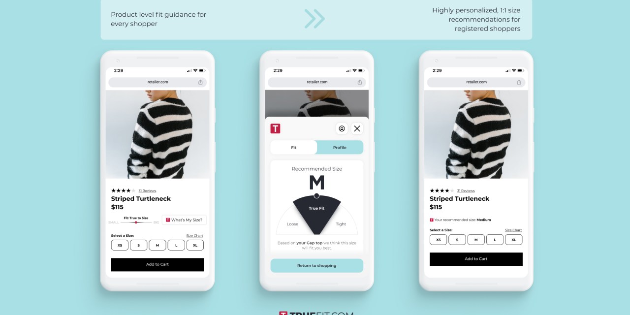 Three screenshots of a phone show how TrueFit looks on an app.