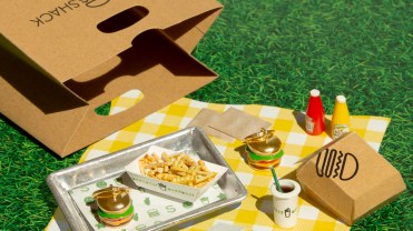 French fries and miniature burger earrings on a yellow and white checkered picnic blanket, next to a Shake Shack bag.