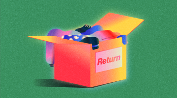 Cardboard box with a return label, with a bunch of clothes stuffed inside, on a green background