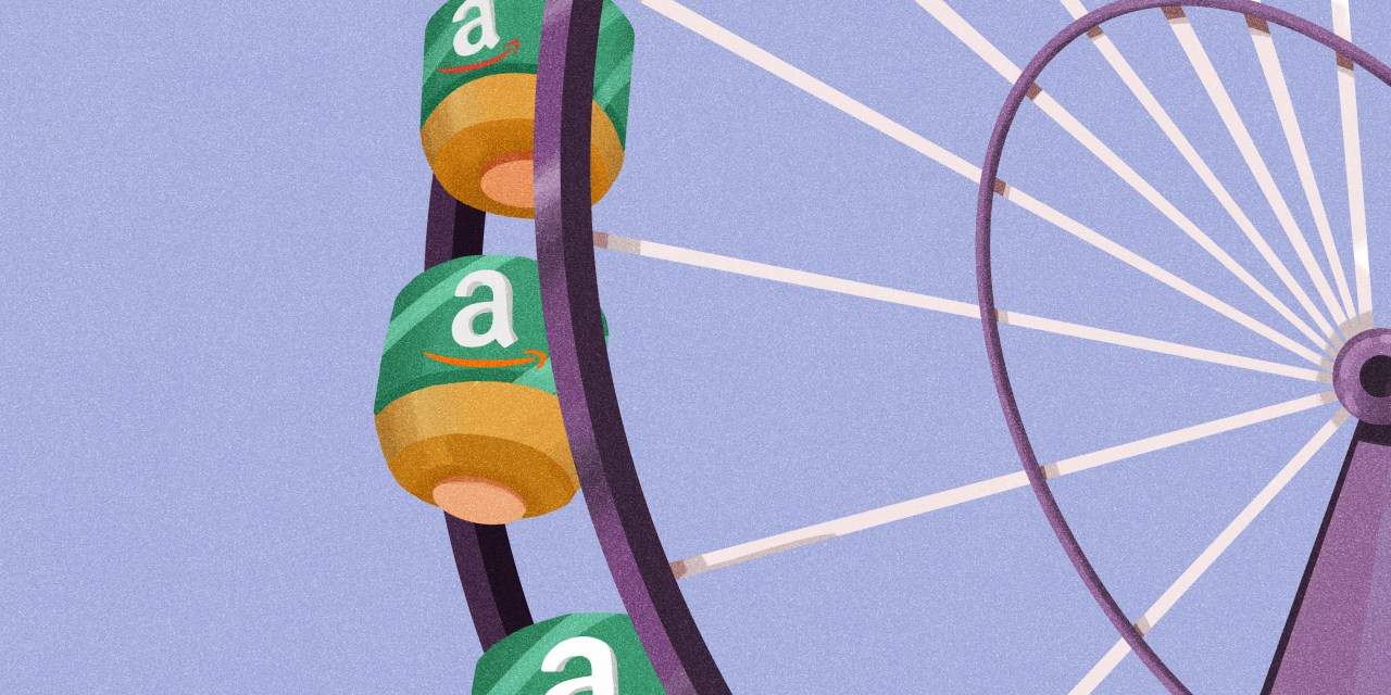 An Amazon-branded Ferris Wheel on a purple background