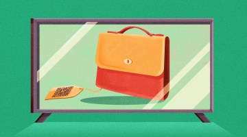 Red and tan handbag with a QR code tag attached on a TV screen, on a green background