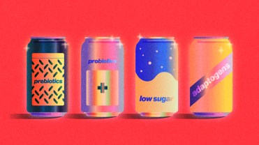 Four different colored beverage cans with different labels (prebiotics, probiotics, low sugar, adaptogens) on a red background