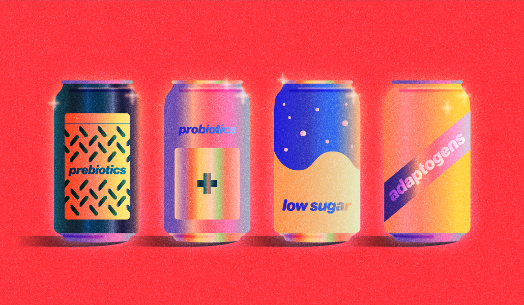 Four different colored beverage cans with different labels (prebiotics, probiotics, low sugar, adaptogens) on a red background