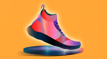 Red and black sneaker on a black hightop on an orange background