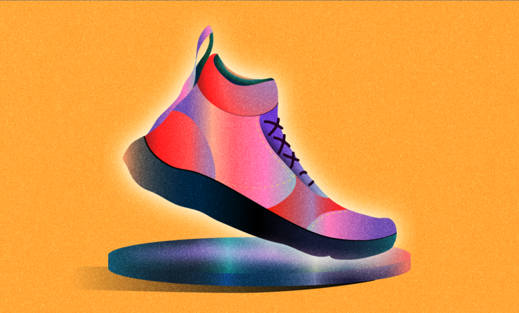 Red and black sneaker on a black hightop on an orange background