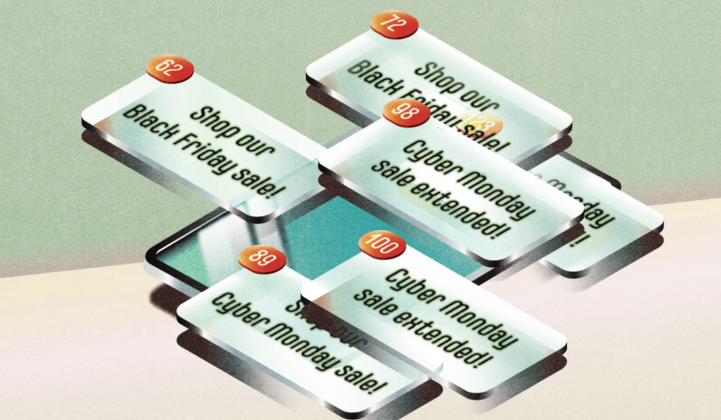 A mobile phone with a bunch of push notifications like "Shop our Black Friday sale!" and "Cyber Monday sale extended!"
