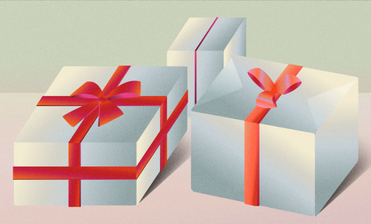 Holiday gifts, wrapped in white paper with a red bow