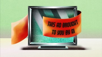TV screen on a green and white background. A banner wraps around the TV that says "this ad brought to you by AI"