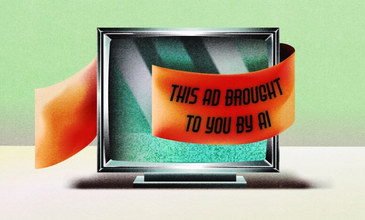 TV screen on a green and white background. A banner wraps around the TV that says "this ad brought to you by AI"