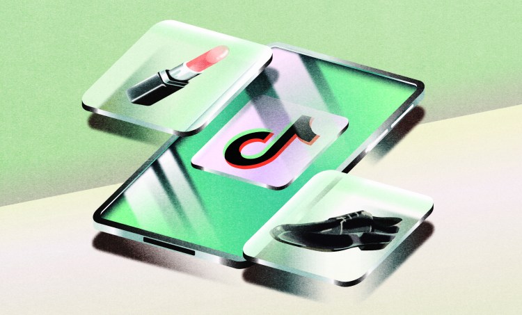 Phone screen that displays a "TikTok" logo sits on a green and white background. Other icons pop up out of the phone, displaying products like lipstick and footwear.