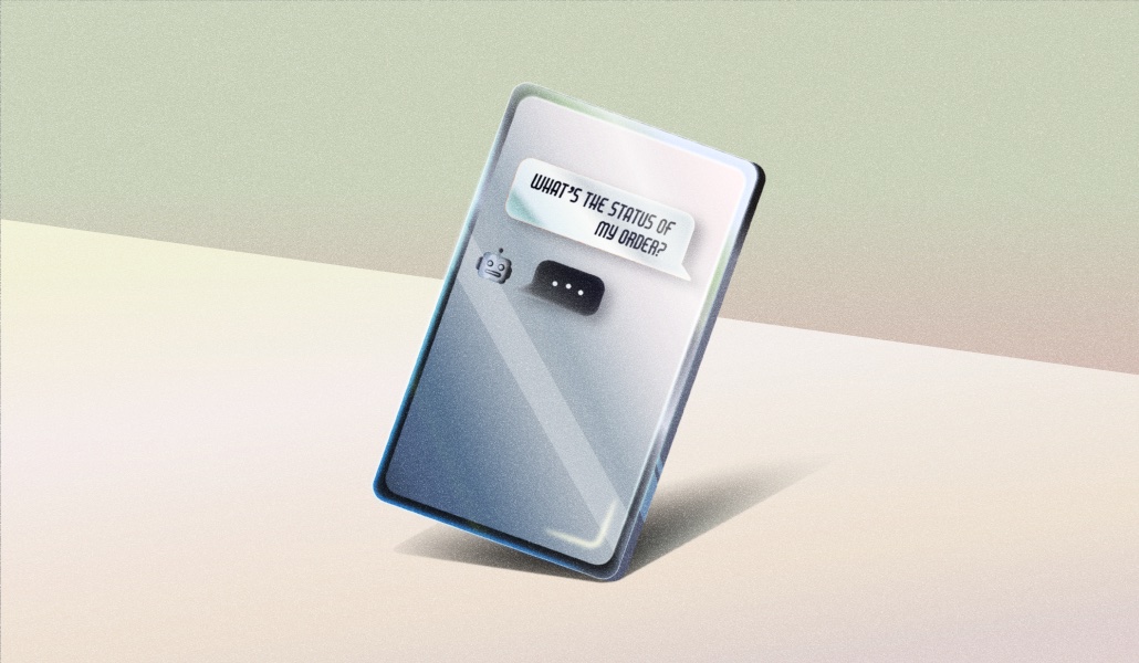 gray phone on a white and green background displaying a text conversation. One person texts "what's the status of my order?" and a robot replies with three dots, indicating they are typing back