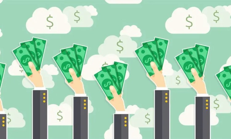 Illustration of hands holding stacks of bills beneath a sky filled with dollar-sign filled clouds, symbolizing TikTok’s growing role in commerce and brand discovery.