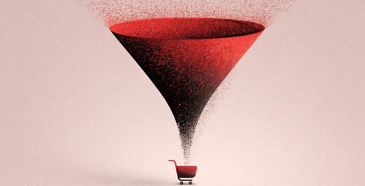A visual representation of the checkout funnel, featuring a funnel leading to a shopping cart