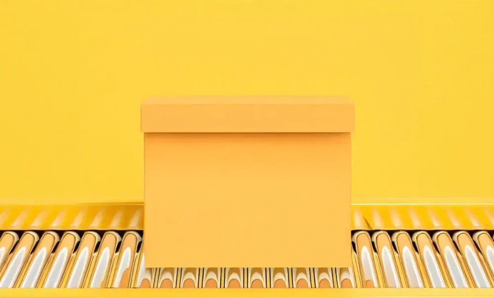 Yellow box on an assembly line, sitting on a yellow background