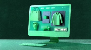 Illustration of an online shopping interface with apparel, bags and a large “Buy Now” button, representing global e-commerce checkout experiences.