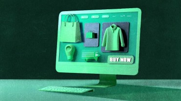 Illustration of an online shopping interface with apparel, bags and a large “Buy Now” button, representing global e-commerce checkout experiences.