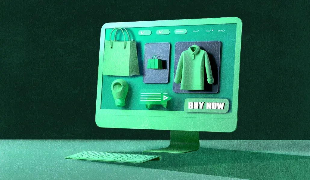 Illustration of an online shopping interface with apparel, bags and a large “Buy Now” button, representing global e-commerce checkout experiences.