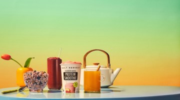 Daily Harvest smoothie, elixir and oat bowl on a blue table against a green and yellow background.