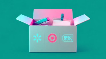 Open cardboard box containing a stapler and name badge. The box as the logos of Walmart, Target and Best Buy on it