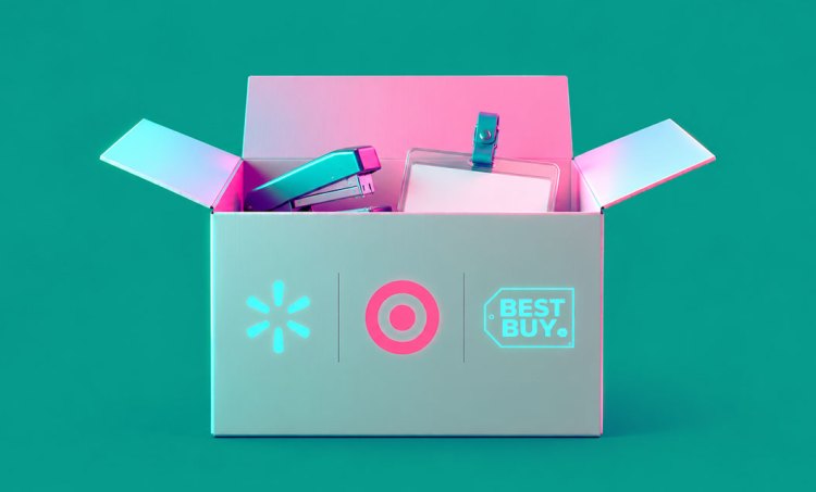 Open cardboard box containing a stapler and name badge. The box as the logos of Walmart, Target and Best Buy on it