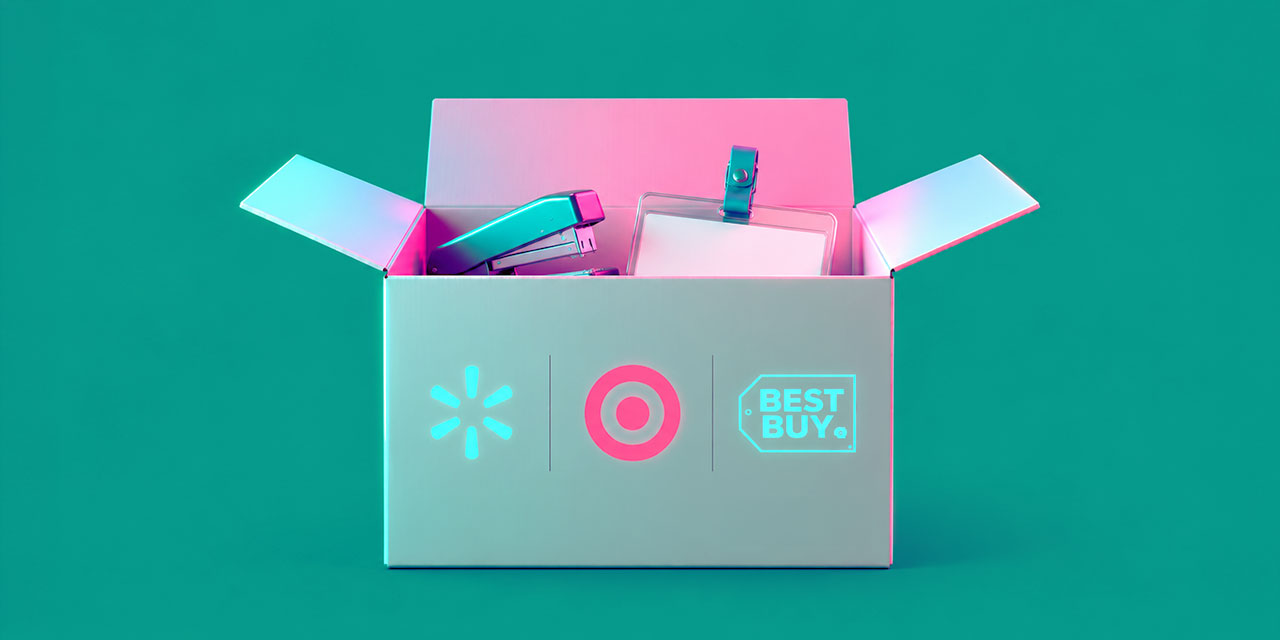 Open cardboard box containing a stapler and name badge. The box as the logos of Walmart, Target and Best Buy on it